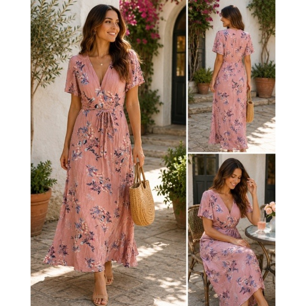 Lulus Dusty Rose Floral V-Neck Maxi Dress Short Flutter Sleeve Pink Size M